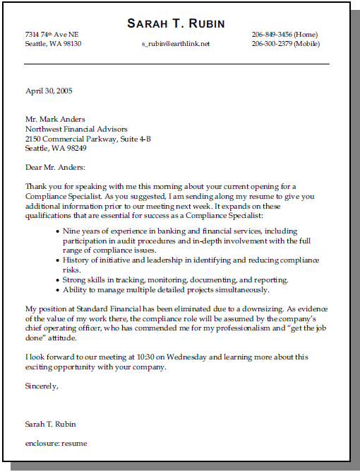Sample Cover Letter 2: Pre-Interview, No Specific Job Opening (Darryl ...